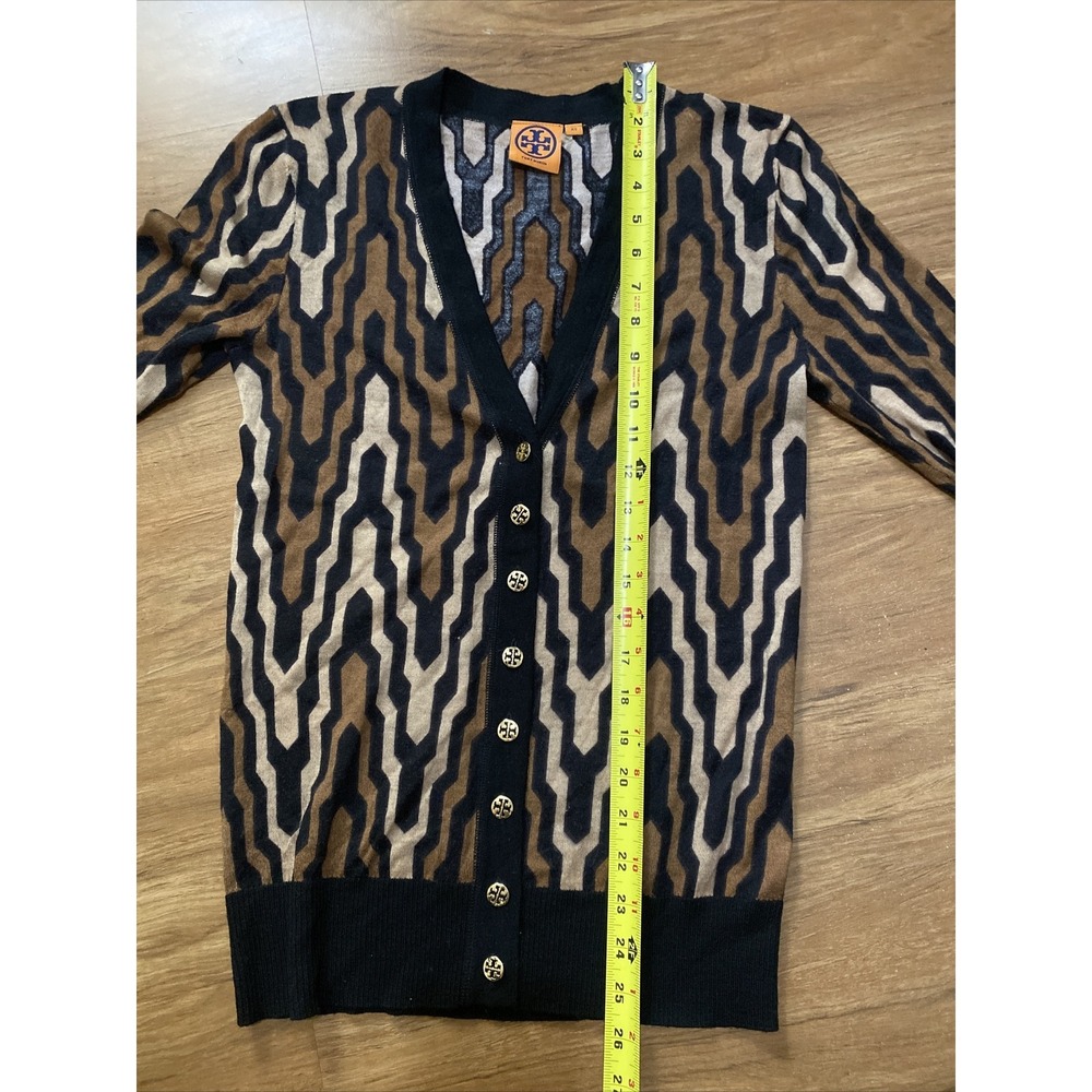 Tory Burch Merino Wool Gold Button L/S Black brown Geometric Cardigan Sz XS - Picture 5 of 8